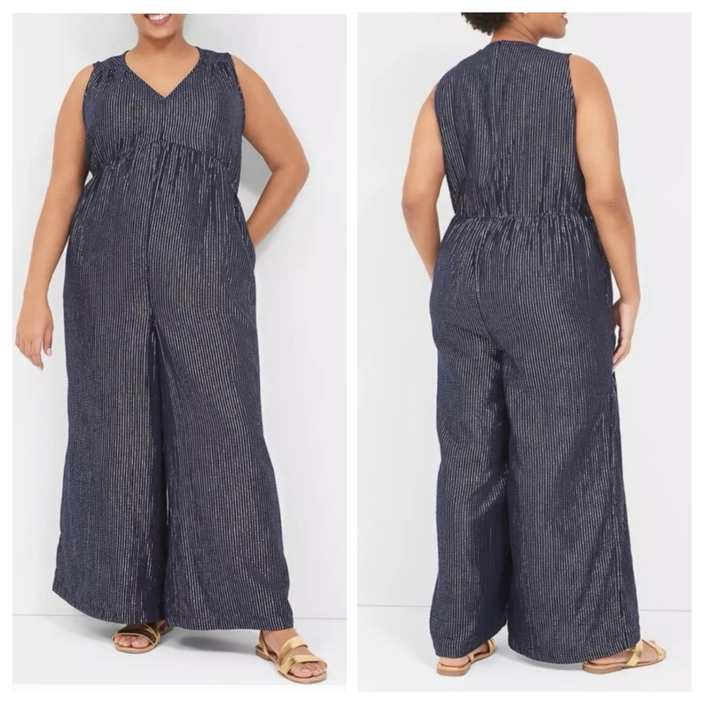 NWT Lane Bryant Jumpsuit Navy Silver Metallic Stripe wide Leg
